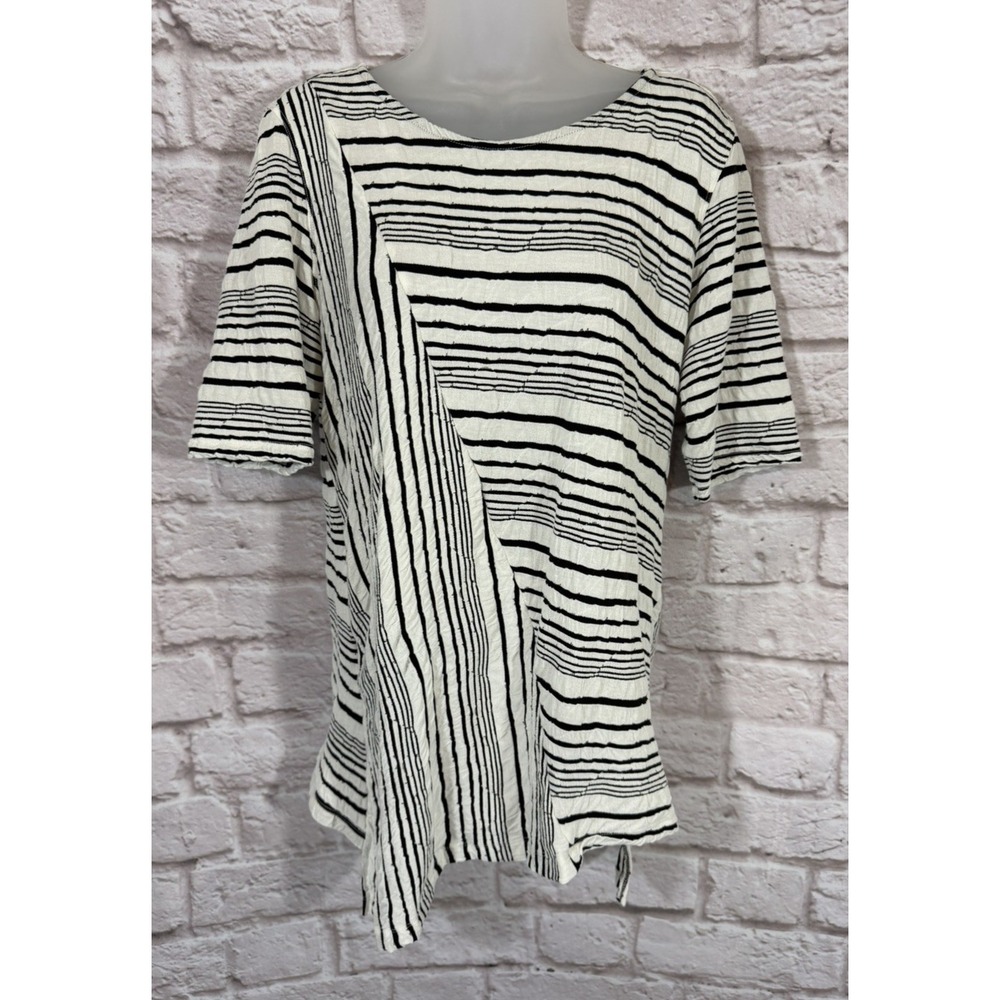 ALI MILES Black White Art To Wear Short Sleeve Lagenlook Tunic Top Blouse L